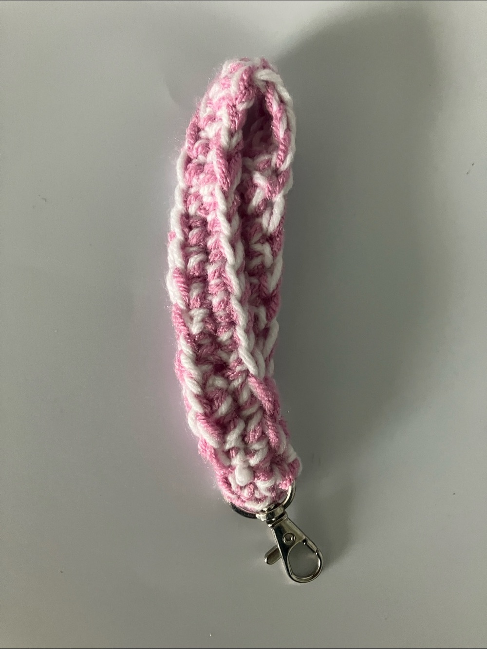Handmade Pink and White Crochet Keychain Wristlet key Holder